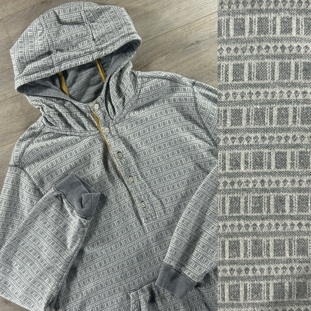 Carbon2Cobalt Mens Large Casual Henley Hoodie Gray Geometric Cotton Pullover